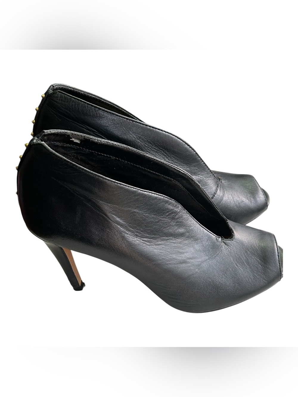 Halogen Black Leather Peep-Toe Ankle Booties with Stud Detail